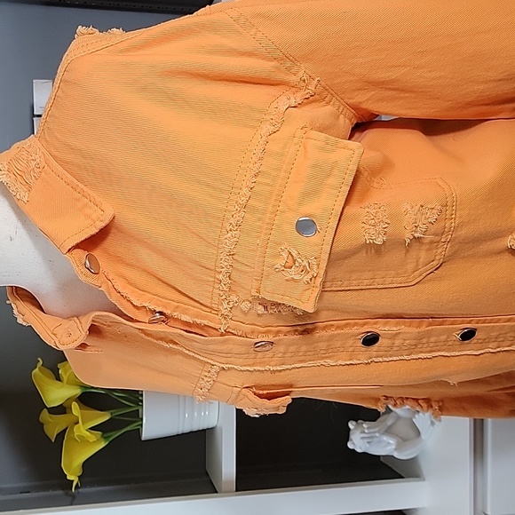 Distressed Button Down Long Sleeve Top Shacket Orange - Picture 3 of 7